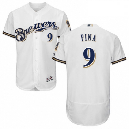 Mens Majestic Milwaukee Brewers 9 Manny Pina Navy Blue Alternate Flex Base Authentic Collection MLB 