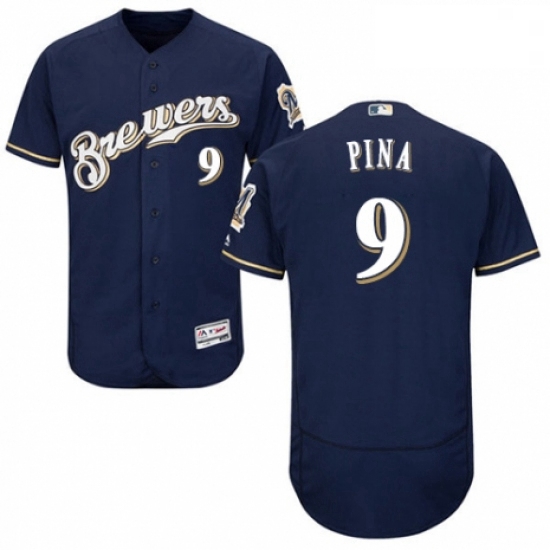 Mens Majestic Milwaukee Brewers 9 Manny Pina White Alternate Flex Base Authentic Collection MLB Jers