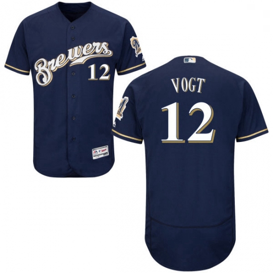 Mens Majestic Milwaukee Brewers 12 Stephen Vogt Navy Blue Flexbase Authentic Collection MLB Jersey