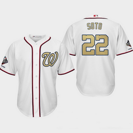 Men Washington Nationals  22 Juan Soto White 2019 World Series Champions Gold Program Cool Base Jers