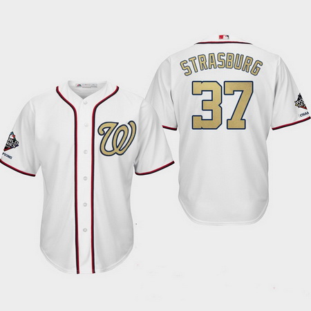 Men Washington Nationals 37 Stephen Strasburg  White 2019 World Series Champions Gold Program Cool B