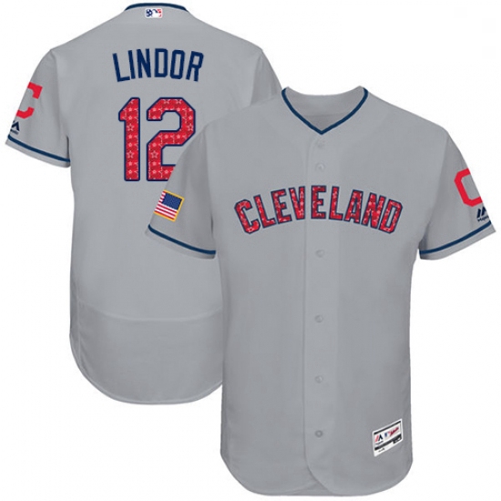 Mens Majestic Cleveland Indians 12 Francisco Lindor Grey Stars Stripes Collection 2018 World Series 