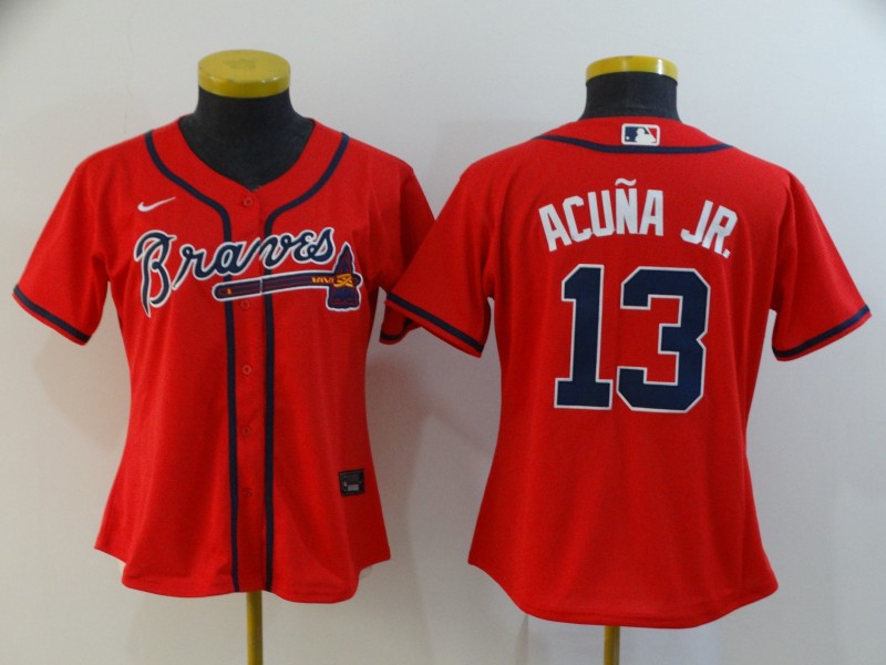 Women Braves 13 Ronald Acuna Jr  Red Women 2020 Nike Cool Base Jersey