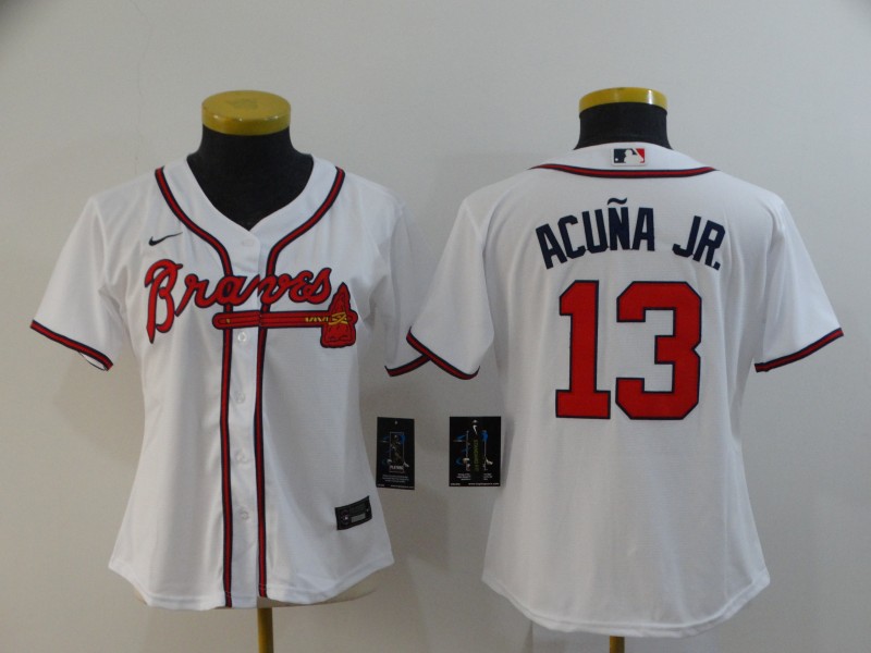 Women Braves 13 Ronald Acuna Jr  White Women 2020 Nike Cool Base Jersey