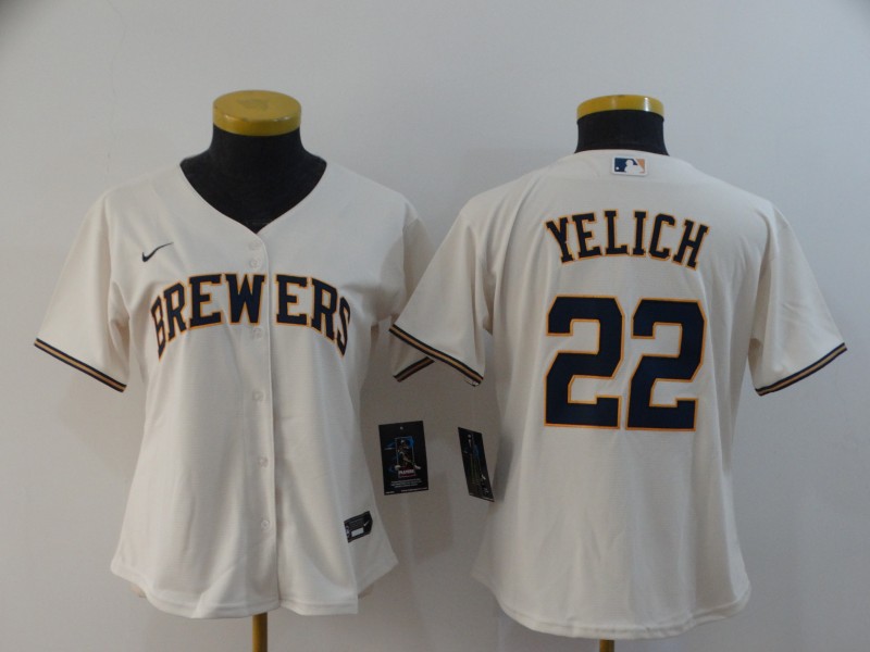 Women Brewers 22 Christian Yelich Cream Women Nike 2020 Cool Base Jersey