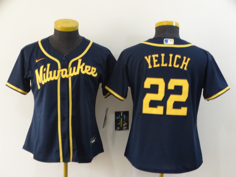 Women Brewers 22 Christian Yelich Navy Women Nike 2020 Cool Base Jersey