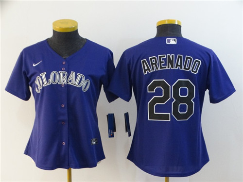 Women Rockies 28 Nolan Arenado Purple Women 2020 Nike Cool Base Jersey