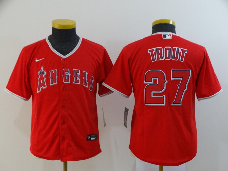 Youth Angels 27 Mike Trout Red Youth 2020 Nike Cool Base Jersey