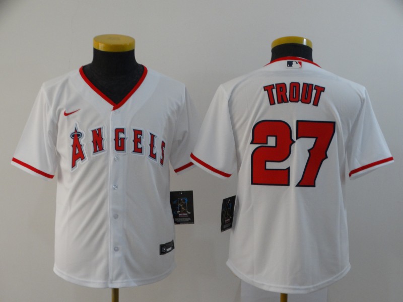 Youth Angels 27 Mike Trout White Youth 2020 Nike Cool Base Jersey