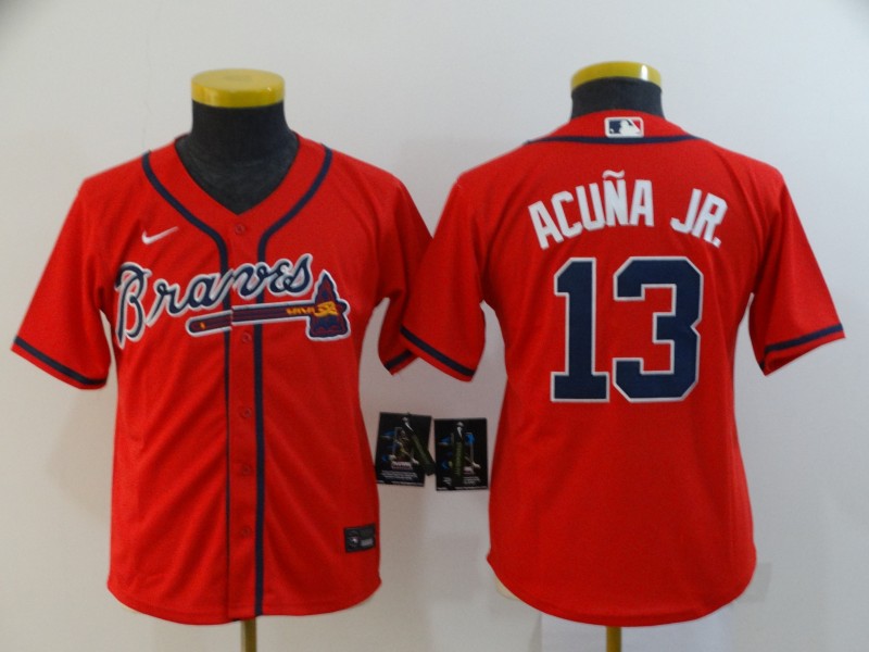 Youth Braves 13 Ronald Acuna Jr  Red Youth 2020 Nike Cool Base Jersey