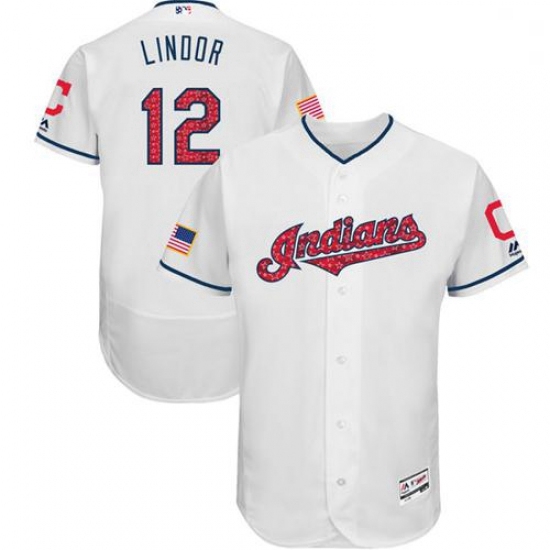 Mens Majestic Cleveland Indians 12 Francisco Lindor White Stars Stripes Collection 2018 World Series