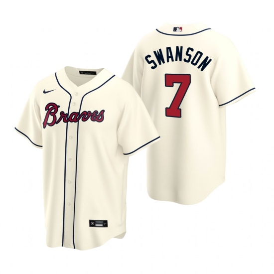 Mens Nike Atlanta Braves 7 Dansby Swanson Cream Alternate Stitched Baseball Jerse