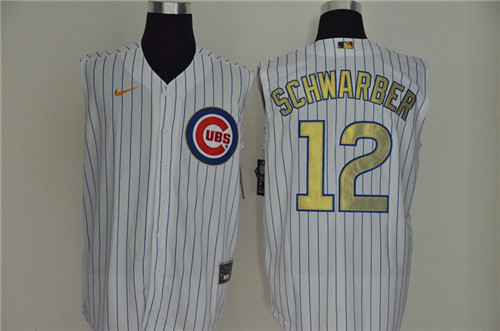 Cubs 12 Kyle Schwarber White Gold Nike Cool Base Sleeveless Jersey