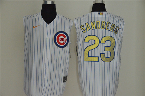 Cubs 23 Ryne Sandberg White Gold Nike Cool Base Sleeveless Jersey