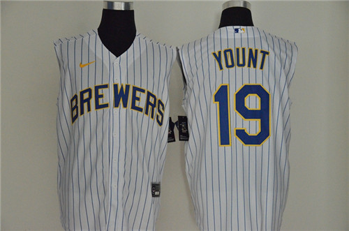 Brewers 19 Robin Yount White Gold Nike Cool Base Sleeveless Jersey