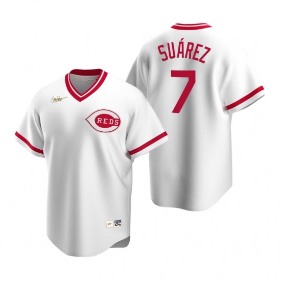 Mens Nike Cincinnati Reds 7 Eugenio Suarez White Cooperstown Collection Home Stitched Baseball Jerse