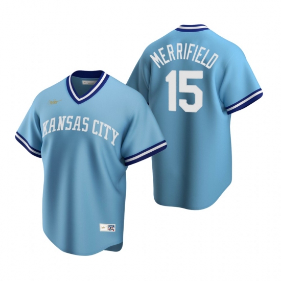 Mens Nike Kansas City Royals 15 Whit Merrifield Light Blue Cooperstown Collection Road Stitched Base