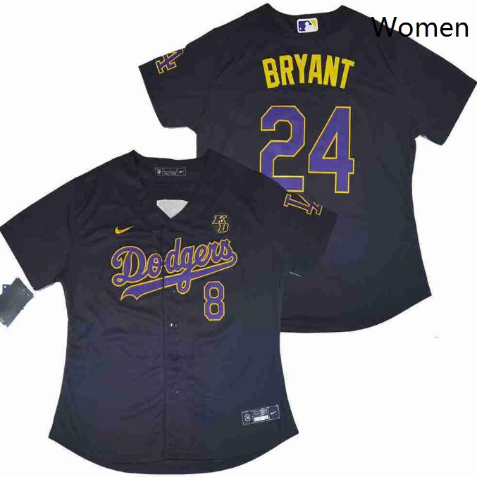 Women Dodgers 8 Kobe Bryant Black Purple Yellow Cool Base Stitch