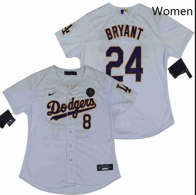 Women Dodgers Front 8 Back 24 Kobe Bryant White Cool Base Stitched MLB Jersey