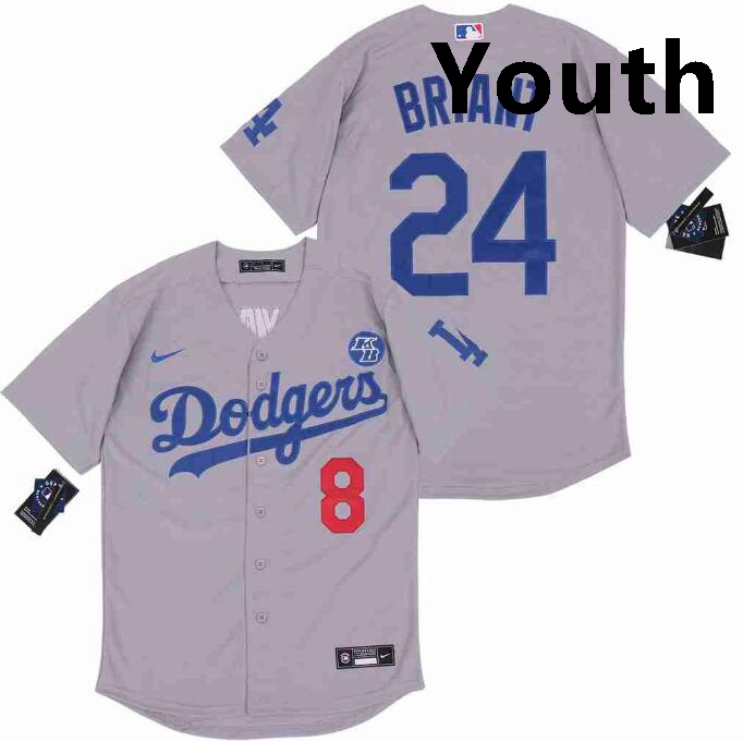 Youth Dodgers Front 8 Back 24 Kobe Bryant Grey Cool Base Stitche