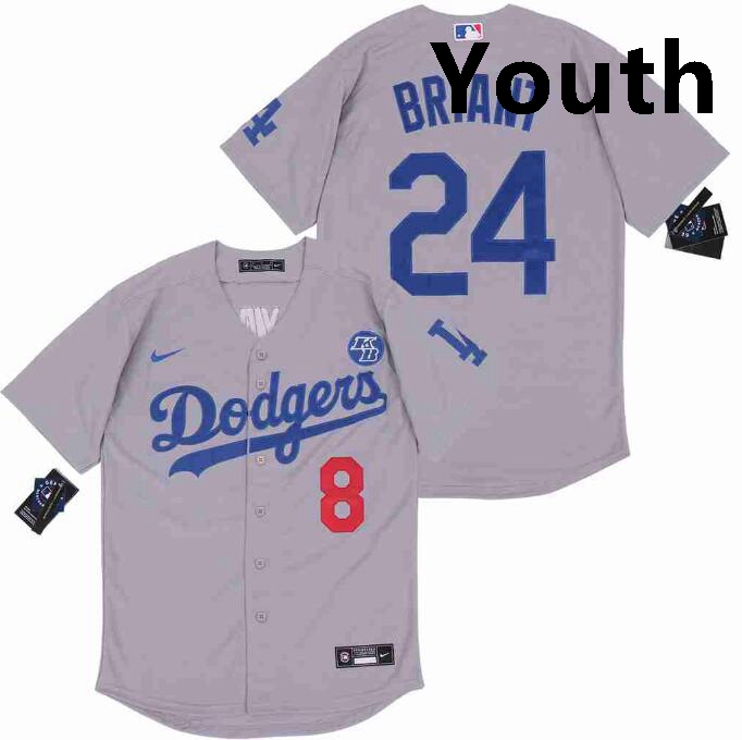 Youth Dodgers Front 8 Back 24 Kobe Bryant Grey Cool Base Stitched MLB Jersey