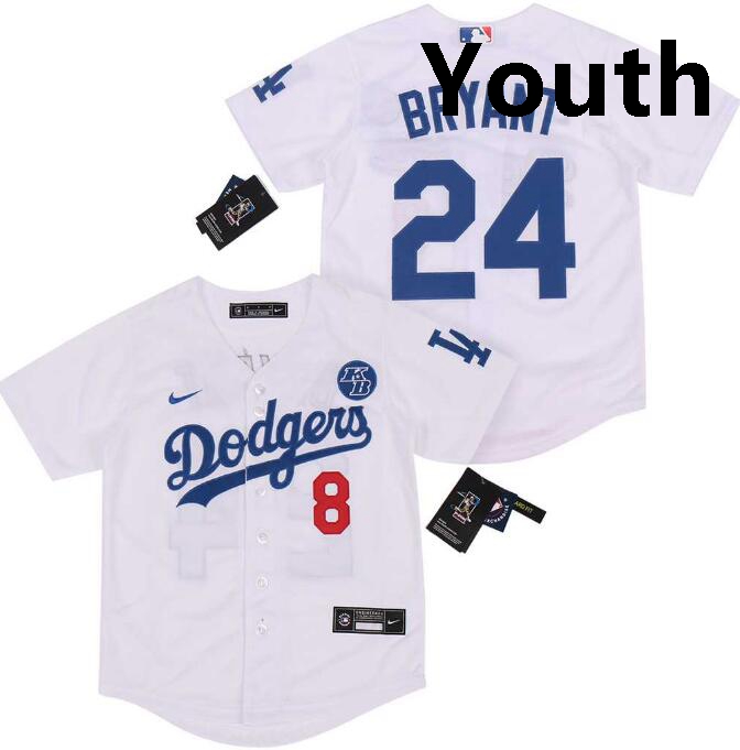 Youth Dodgers Front 8 Back 24 Kobe Bryant White Cool Base Stitched MLB Jersey