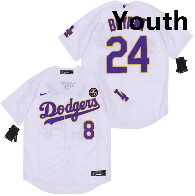 Youth Dodgers Front 8 Back 24 Kobe Bryant White Purple Cool Base Stitched MLB Jersey