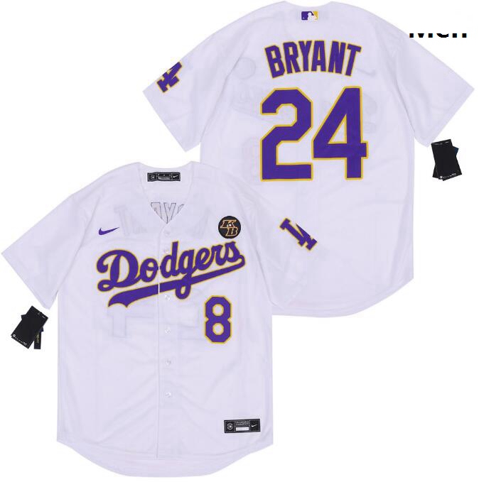 Men Dodgers Front 8 Back 24 Kobe Bryant White Purple Cool Base S