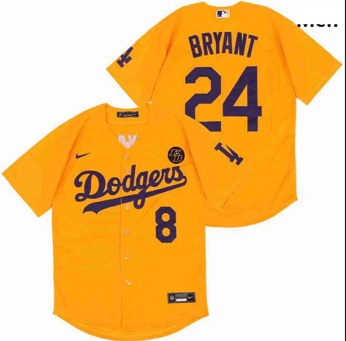 Men Dodgers Front 8 Back 24 Kobe Bryant Yellow Cool Base Stitched MLB Jersey