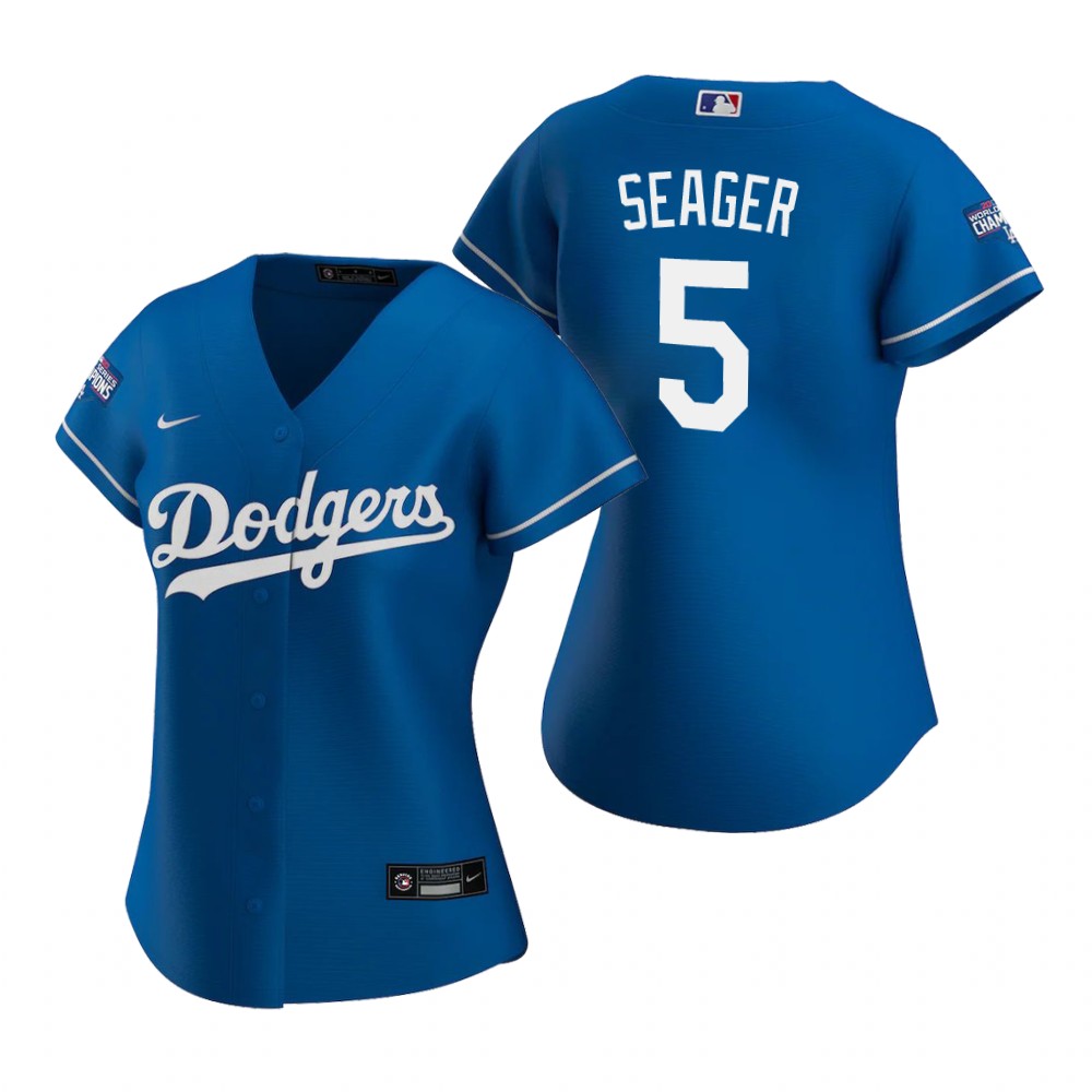 Women Los Angeles Dodgers 5 Corey Seager Royal 2020 World Series Champions Replica Jersey