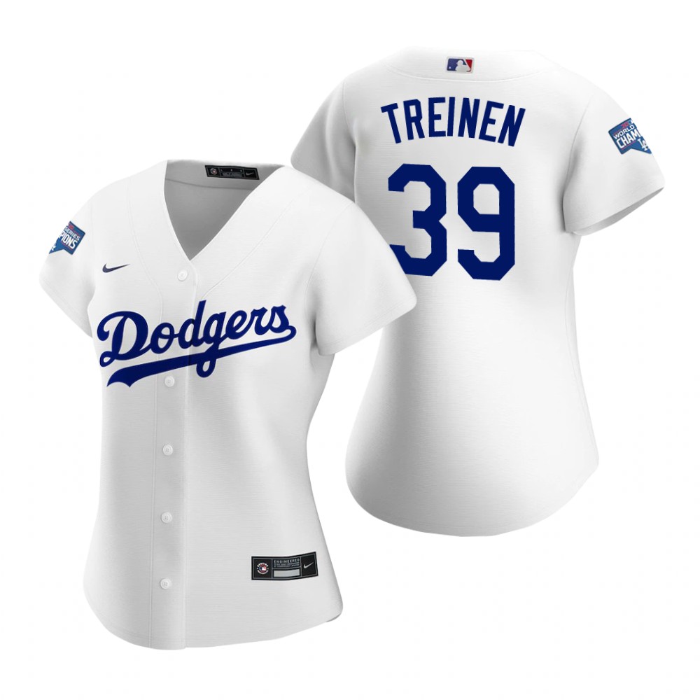 Women Los Angeles Dodgers 39 Blake Treinen White 2020 World Series Champions Replica Jersey