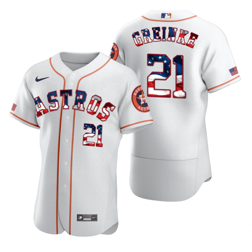 Men Houston Astros 21 Zack Greinke Men Nike White Fluttering USA Flag Limited Edition Flex Base MLB 