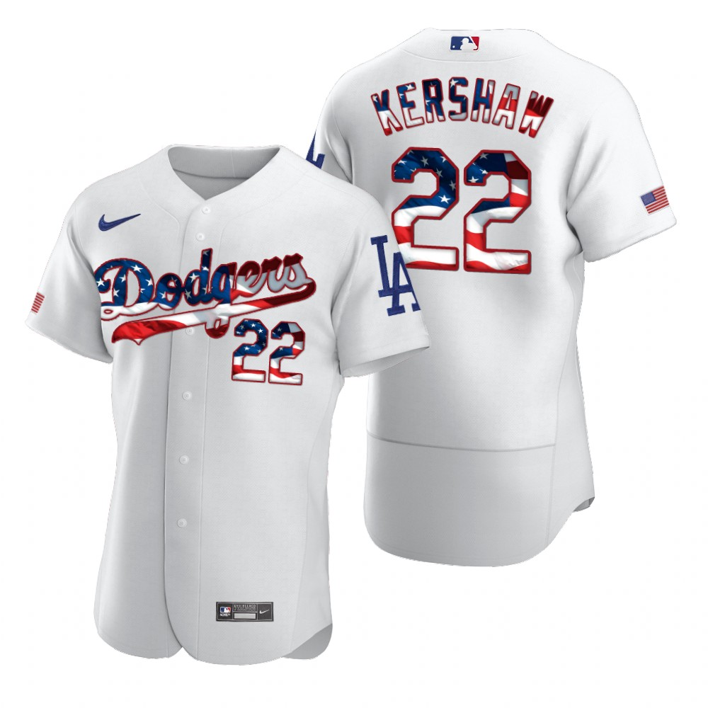 Men Los Angeles Dodgers 22 Clayton Kershaw Men Nike White Fluttering USA Flag Limited Edition Flex B