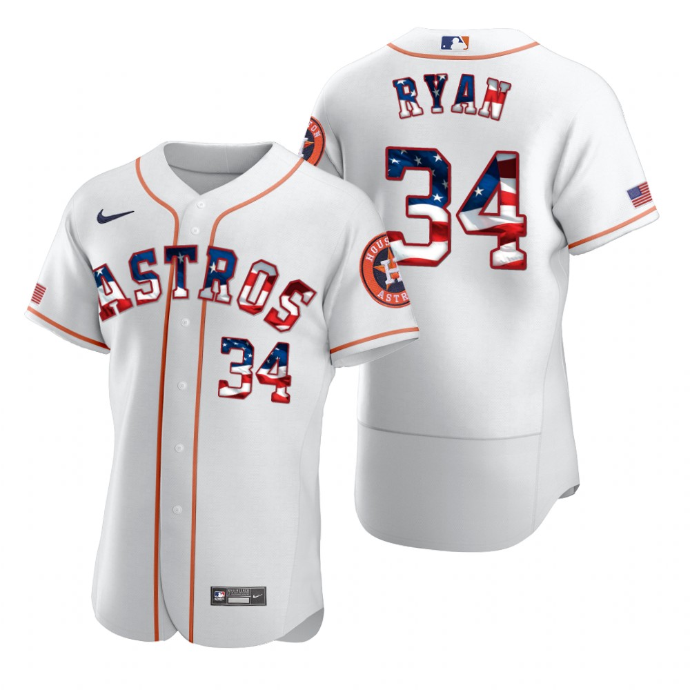 Men Houston Astros 34 Nolan Ryan Men Nike White Fluttering USA Flag Limited Edition Flex Base MLB Je