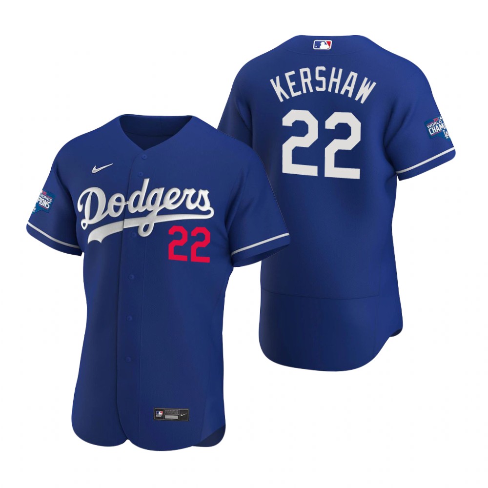 Men Los Angeles Dodgers 22 Clayton Kershaw Royal 2020 World Series Champions Flex Base Jersey