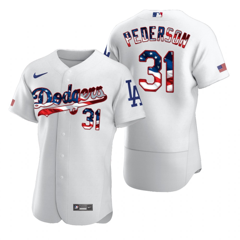 Men Los Angeles Dodgers 31 Joc Pederson Men Nike White Fluttering USA Flag Limited Edition Flex Base