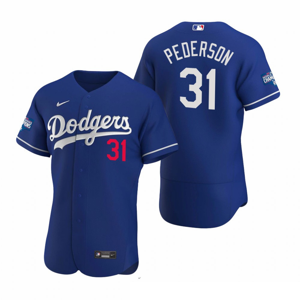 Men Los Angeles Dodgers 31 Joc Pederson Royal 2020 World Series Champions Flex Base Jersey