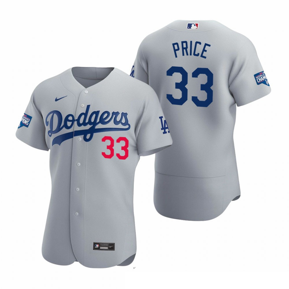 Men Los Angeles Dodgers 33 David Price Gray 2020 World Series Champions Flex Base Jersey