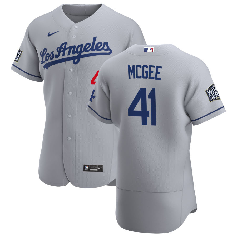 Men Los Angeles Dodgers 41 Jake McGee Men Nike Gray Road 2020 World Series Bound Flex Base Team MLB 