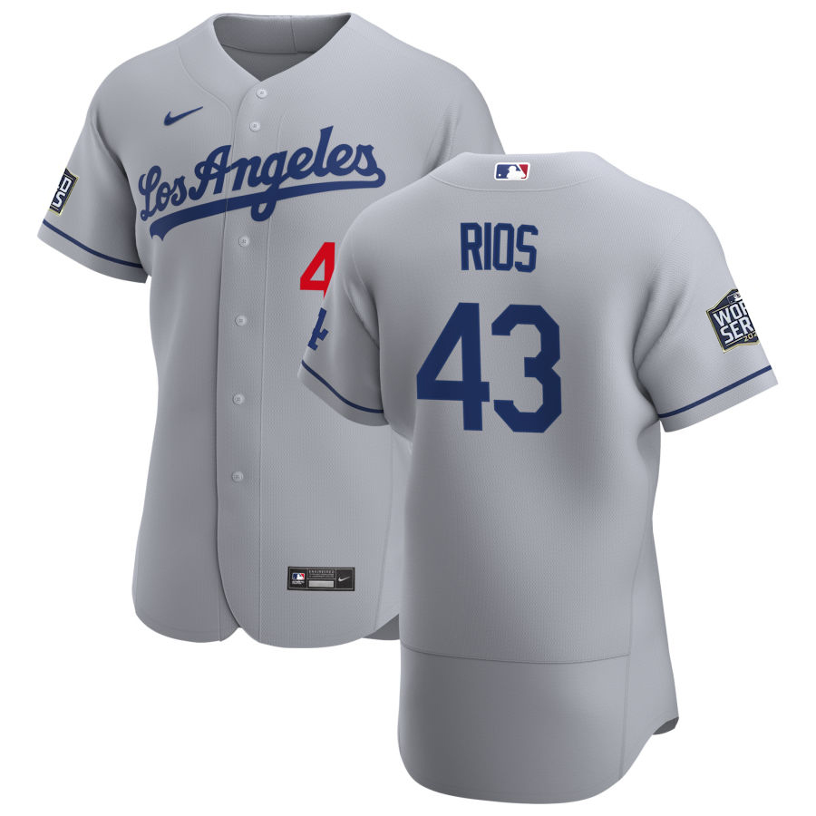 Men Los Angeles Dodgers 43 Edwin Rios Men Nike Gray Road 2020 World Series Bound Flex Base Team MLB 