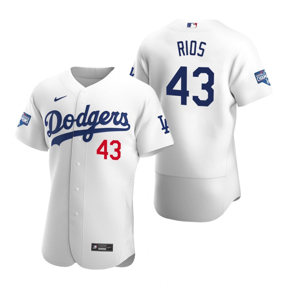 Men Los Angeles Dodgers 43 Edwin Rios White 2020 World Series Champions Flex Base Jersey