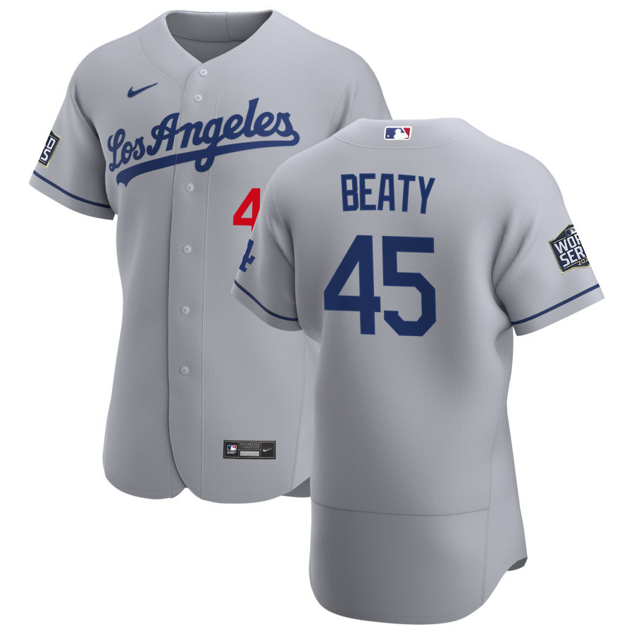 Men Los Angeles Dodgers 45 Matt Beaty Men Nike Gray Road 2020 World Series Bound Flex Base Team MLB 