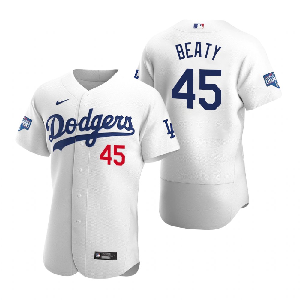 Men Los Angeles Dodgers 45 Matt Beaty White 2020 World Series Champions Flex Base Jersey