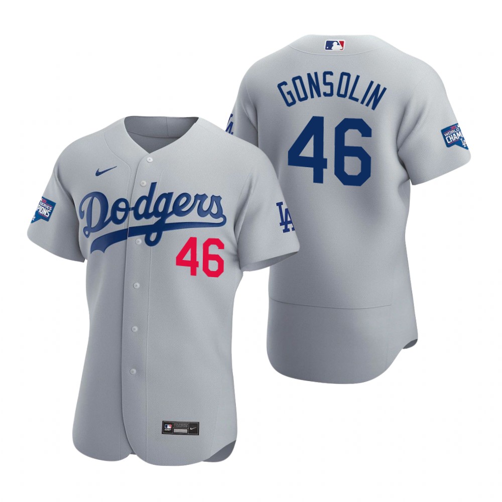 Men Los Angeles Dodgers 46 Tony Gonsolin Gray 2020 World Series Champions Flex Base Jersey