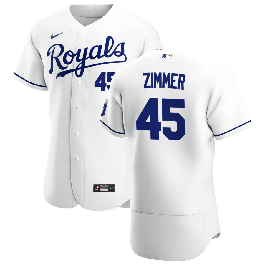 Men Kansas City Royals 45 Kyle Zimmer Men Nike White Home 2020 Flex Base Player MLB Jersey