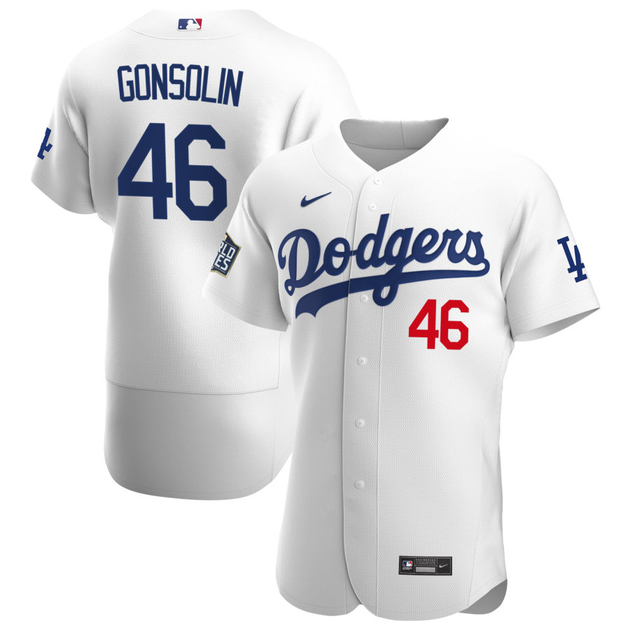 Men Los Angeles Dodgers 46 Tony Gonsolin Men Nike White Home 2020 World Series Bound Flex Base Playe