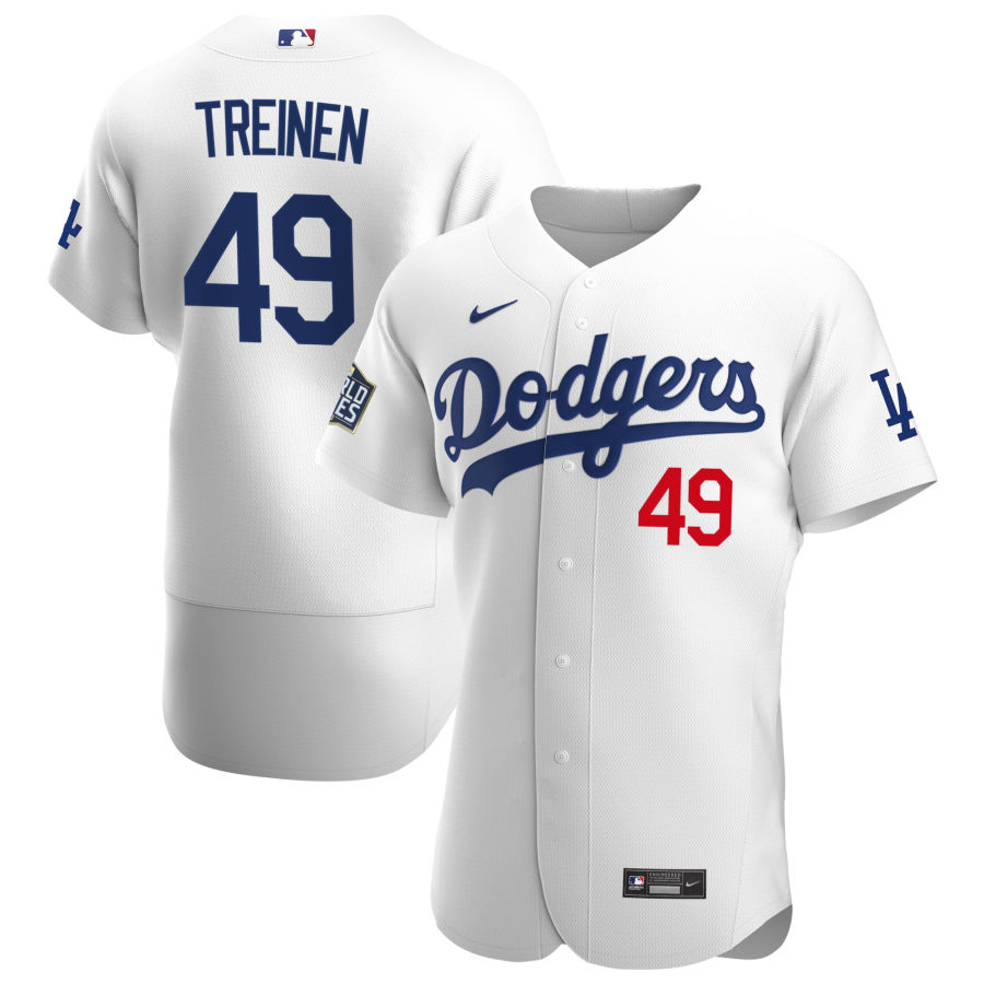 Men Los Angeles Dodgers 49 Blake Treinen Men Nike White Home 2020 World Series Bound Flex Base Playe