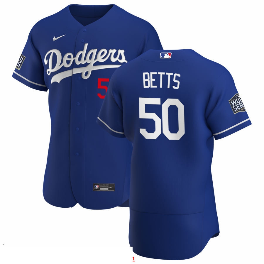 Men Los Angeles Dodgers 50 Mookie Betts Men Nike Royal Alternate 2020 World Series Bound Flex Base P