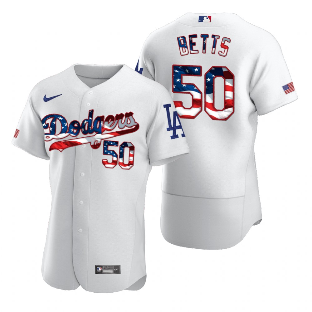 Men Los Angeles Dodgers 50 Mookie Betts Men Nike White Fluttering USA Flag Limited Edition Flex Base