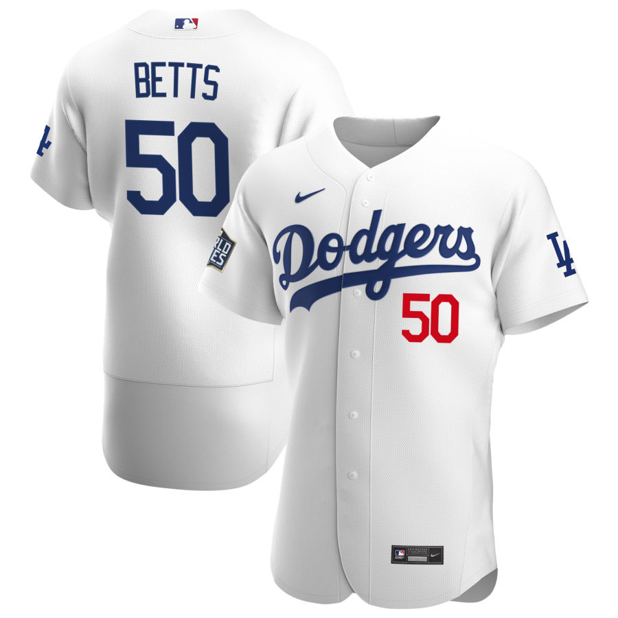 Men Los Angeles Dodgers 50 Mookie Betts Men Nike White Home 2020 World Series Bound Flex Base Player